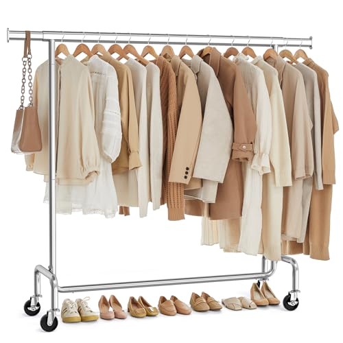 SONGMICS Clothes Rack with Wheels, Heavy-Duty, Extendable Hanging Rod - color: Silver, size: (43.3"-59.1")W