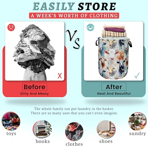 Watercolor Cows Laundry Basket Foldable Oxford Cloth Hamper 18.9"x16.5" - color: Watercolor Cows Animals Pattern