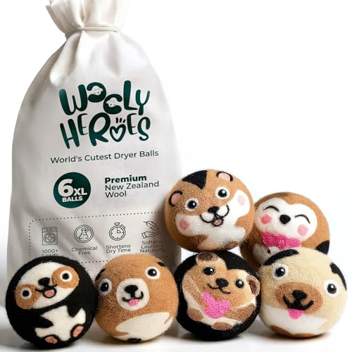 Chemical Free & Baby Safe! Reusable Wool Dryer Balls XL 6-Pack - Reduces Static, Cuts Dry Time, & Softens Naturally - color: Hamster & Friends