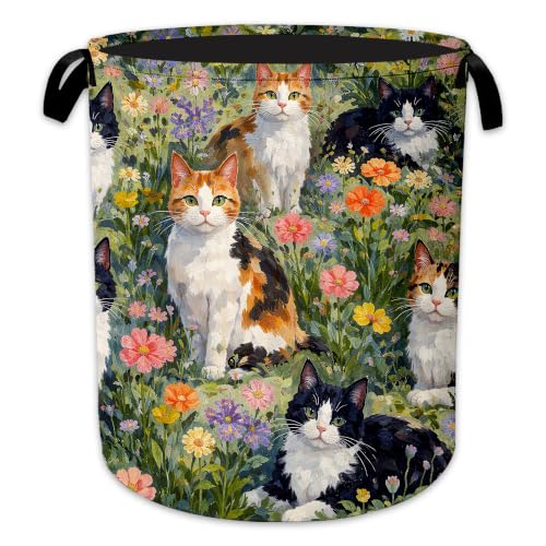 Cute Cat Laundry Hamper, Flower Meadow Laundry Baskets, Waterproof Oxford Cloth for Room/Bathroom/Bedroom/Dormitories 16x20.8 Inch - color: Cute Cat