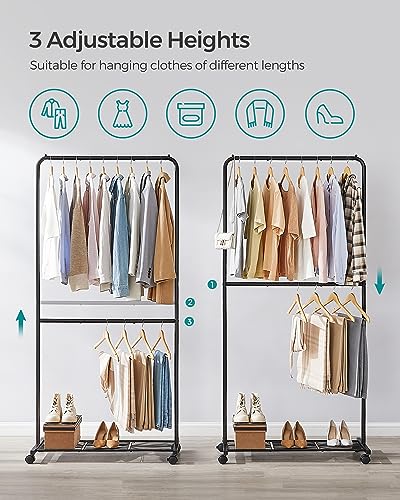 SONGMICS Clothes Rack with Wheels, Metal Garment Rack, Mesh Storage Shelf - color: Black, style: Middle Rod