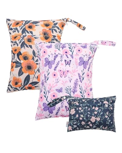 ALVABABY 3 Pack Wet Dry Bags for Cloth Diapers, Swimsuits & Gym Clothes, Waterproof Reusable Baby Diaper Bag with 2-Zippered Compartments, Hanging Strap, Machine Washable, Small/Medium/Large for Dayca - color: Classic flower 08
