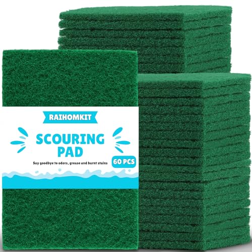 60 PCS Scouring Pads Heavy Duty, Reusable Multipurpose Scour Pads, 5.9 x 3.95 inch Household Scrub Pad for Cleaning, Green Dish Scrubber Scrubbing Pad for Dishes Sink Kitchen Metal Grills