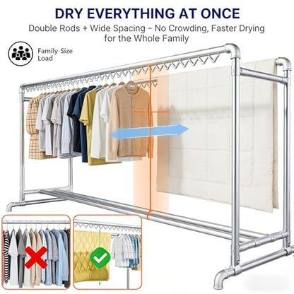 7.2ft Clothes Drying Rack, Heavy Duty Steel Laundry Rack Indoor Outdoor, Blanket Rack Clothesline with Hooks(Height 5.3ft/1.6m) - size: Height 5.3ft/1.6m