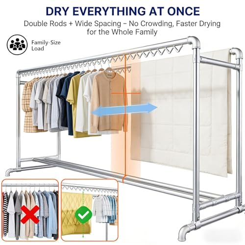 7.2ft Clothes Drying Rack, Heavy Duty Steel Laundry Rack Indoor Outdoor, Blanket Rack Clothesline with Hooks(Height 5.9ft/1.8m) - size: Height 5.9ft/1.8m
