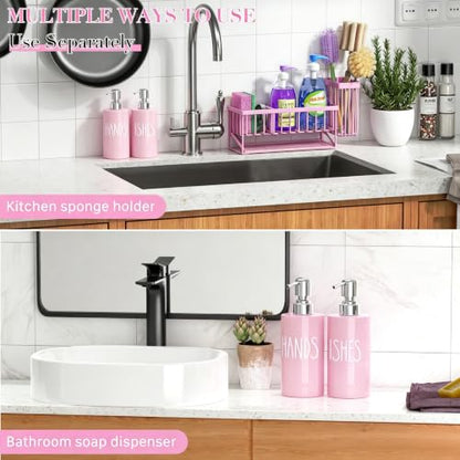 MASADI Pink &Silver Kitchen Dish Soap Dispenser Set with Sponge Holder, 12OZ Glass Bottle, Hand and Dish Soap Dispenser Set, Non-Slip Silicone Pad, Brush Holder, Kitchen Sink Organizer Countertop - color: All Pink