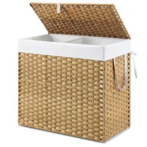 NEWBULIG Laundry Hamper with Lid, 29 Gallon (110L) Wicker Clothes Basket, Double Clothes Basket Organizer for Bedroom, Bathroom & Laundry Room, Yellow - color: Yellow, size: 29 Gal