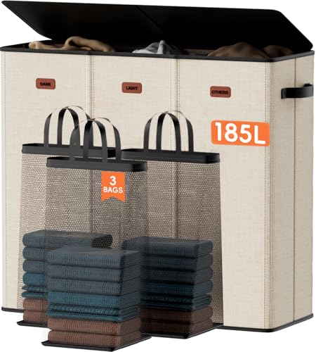 185L Laundry Hamper 3 Section, Laundry Hamper with Lid, Dirty Clothes Hamper with 3 Removable Washing Bags, Extra Large Laundry Basket Organizer for Bedroom, Laundry Room, Dorm - Beige - color: Beige, size: 48.86 Gal - 3 Section