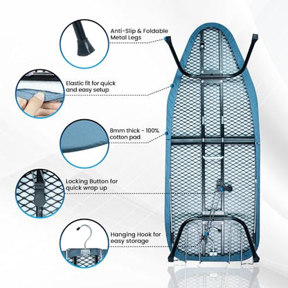 Metal Mesh Panel Tabletop Ironing Board | Foldable Iron Board | Heavy Duty Small Iron Board with Heat Resistant Cover and 100% Cotton 8mm Thicken Pad (Blue) - color: Blue