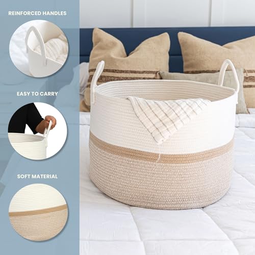 OrganiHaus Round Toy Basket & Blanket Basket, Cotton Rope 20x13" - color: Striped Honey, size: Wide