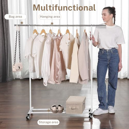 VICERII Clothes Rack, 130LB Capacity Heavy Duty Clothing Rack with Wheels and Bottom Shelf, 52.17 Inch Rolling Racks for Hanging Clothes, Coats, Shirts, Sweaters, Skirts, Dress, White - color: Matte White, size: Single