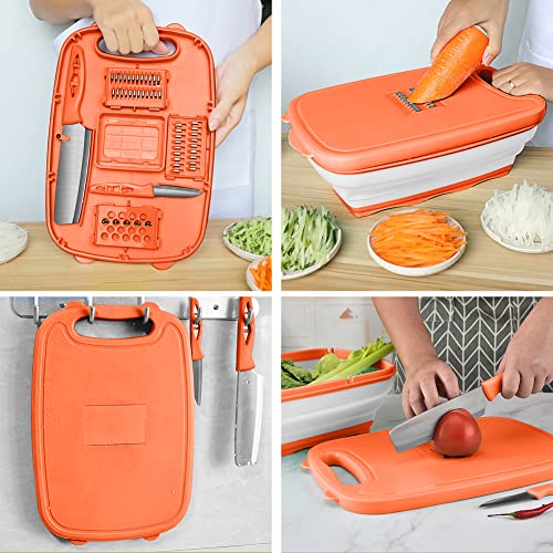 Camping Cutting Board, HI NINGER Collapsible Chopping Board with Colander, 9-In-1 Multi Kitchen Vegetable Washing Basket,Camping Gifts Accessories for RV Campers - color: Orange