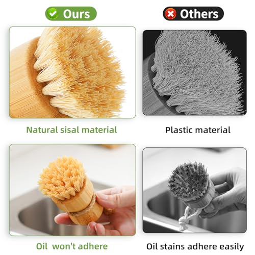 SUBEKYU Bamboo Dish Scrub Brush,Produce Brush,Natural Sisal Bristles,2 Pack - color: 2p Sisal Brush, size: Regular size
