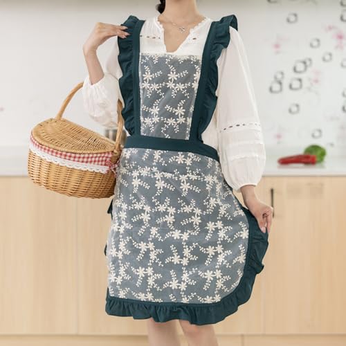 Pinknoke Vintage Pinafore Aprons for Women with Pockets for Kitchen - color: Ocean Blue
