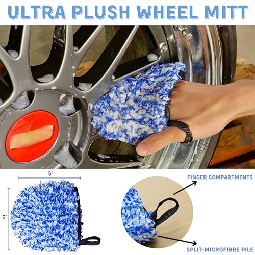 oesee Professional 4 Pack Long Handle Wheel Brush Kit for Cleaning Wheel and Tire- 2X Soft Wheel Cleaning Brush, Detailing Brush and Stiff Tire Brush, Bendable& Durable Wheel Rim Cleaner Brush Set - size: 7 Pack (Blue & Black)