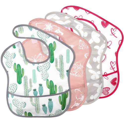 Accmor Baby Bibs for Eating, Waterproof Mess Proof Baby Toddler Bibs, Apron Smock Feeding Bibs for Girls Boys - color: 4pcs-butterfly, Heart-shaped, Rabbit, Cactus