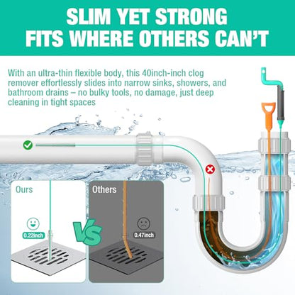 40inch Bathroom Drain Hair Remover Tool with Rotating Handle, Reinforced Steel Core Drain Snake Cleaner for Shower, Bathtub and Bathroom Sink, Flexible Hair Clog Removal Tool for Narrow Drains(6PCS)