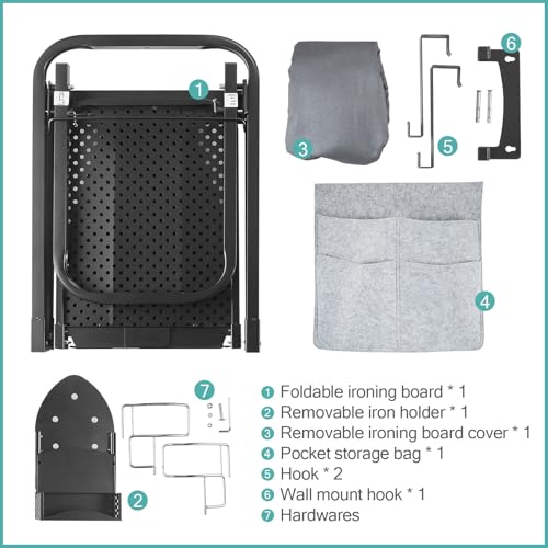 Seiritex Over the Door Ironing Board 13x36 inches with Iron Holder and Pocket Storage Bag, Hanging Iron Board for Home Laundry Room, Black - size: 13x36 inches