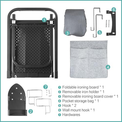 Seiritex Over the Door Ironing Board 13x36 inches with Iron Holder and Pocket Storage Bag, Hanging Iron Board for Home Laundry Room, Black - size: 13x36 inches