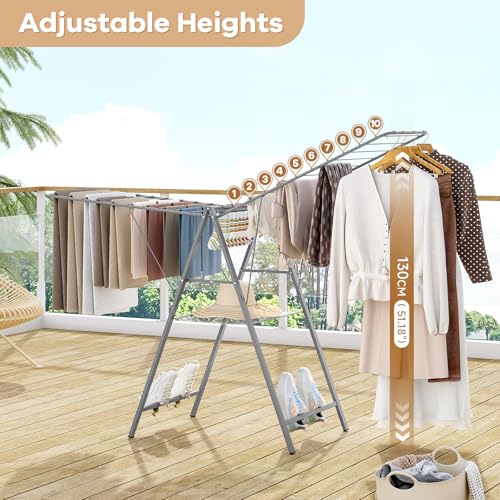 APEXCHASER 6 Height Adjustable Clothes Drying Rack with Shoe Slots, Grey - color: Gray