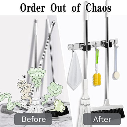 AceMining Broom Holder Wall Mount, 2 Racks 3 Hooks Heavy Duty Mop Organizer - color: 2 Racks & 3 Hooks (Silver) - 1 Pack