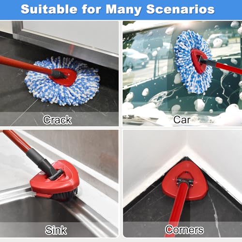 Spin Mop Handle Replacement for Ocedar, Mop Heads Replacements Compatible with RinseClean 2 Tank System, Include 2 Microfiber Spin Mop Replace Heads,4 Section Iron Mop Handle,1 Base and 1 Scrub Brush - size: 2 Tank-NEW