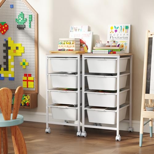 Giantex Rolling Storage Cart with 4 Drawers, Utility Cart w/Wooden Tabletop, Lockable Wheels, Multipurpose Organizer for Art Craft Scrapbook Paper, Drawer Carts for Dorm Classroom Office, White - color: White, size: 4 Drawer-13"x14.5"x28"