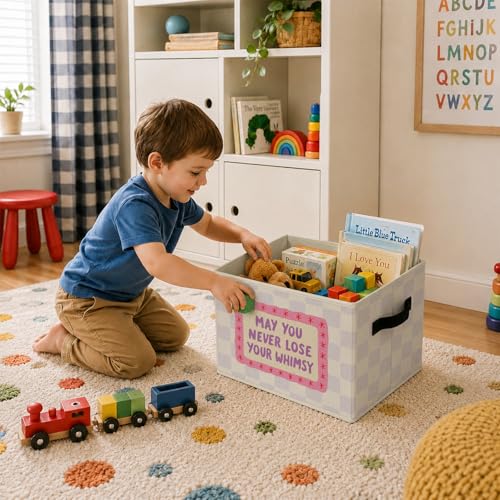 Girls Whimsy Foldable Storage Bins with Handles, May You Never Lose Your Whimsy Storage Basket for Organizing Clothes Tools Books, Checkered Whimsical Gift for Girls Playroom Nursery Bedroom - color: Kids Whimsy