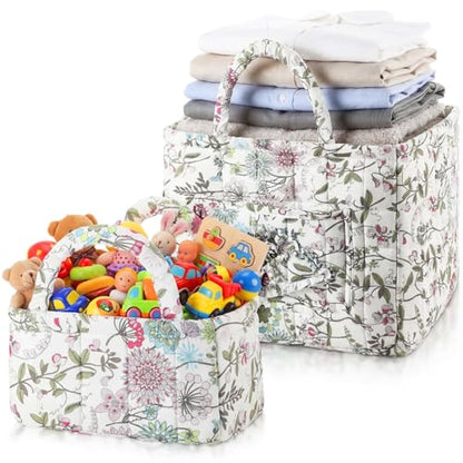 2 Pcs Quilted Fabric Storage Basket with Handles Large Capacity Laundry Basket Boho Foldable Floral Laundry Organizer Bin for Home Picnic Shopping Travel - style: Floral