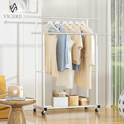 VICERII Double Clothing Rack, 55.51 Inch Garment Rack with Wheels and Bottom Shelf, 130LB Capacity Heavy Duty Rolling Clothes Racks for Hanging Clothes, Coats, Shirts, Sweaters, Skirts, White - color: White, size: Double