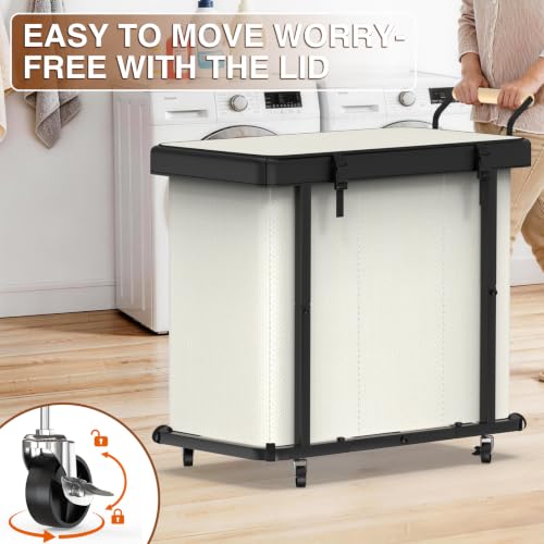 Rolling Laundry Hamper with Wheels,Laundry Hamper 3 Section with Lid Beige - color: Beige-3 Section, size: 3 Section