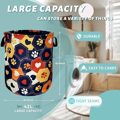 Colorful Dog Paws Hearts Laundry Basket Foldable Hamper 18.9"x16.5" - color: Colorful Dog Paws and Love Hearts