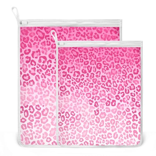 Mesh Laundry Bags Lingerie Bags for Washing Delicates 2 PCS Durable Wash Bag with Zipper Small and Medium Washable Gradient Pink Leopard Print - color: Gradient Pink Leopard Print
