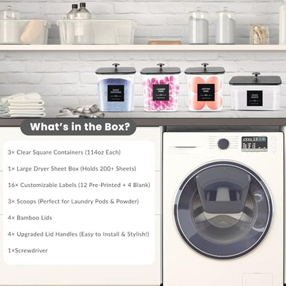 4 Pack Laundry Pods Container & Dryer Sheet Holder - Clear Plastic Laundry Room Organization Storage Containers with Black Lids, Scoops & Labels for Detergent Pods, Powder, Scent Boosters, Beads