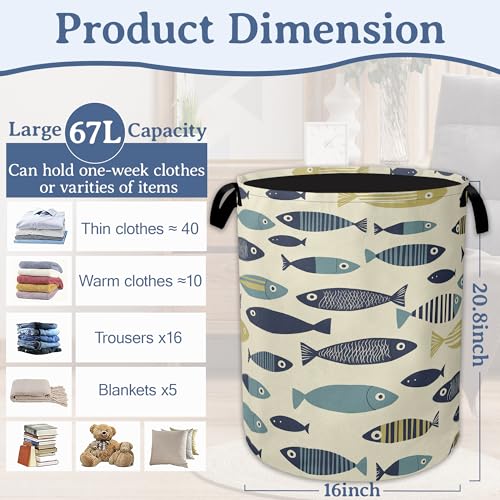 Cute Fish Laundry Basket,Foldable Oxford Cloth Boho Laundry Hamper with Handles, 20.8"x16" Tote Bag Clothes Storage Bucket for Laundry Room/Bathroom/Bedroom/Dormitories - color: Cute Fish Boho