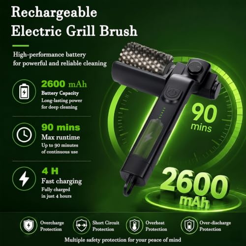 Electric Grill Brush, Electric Grill Cleaner for Outdoor,Cordless Rechargeable Electric BBQ Grill Brush with 180°Adjustable Head, 3-Speed Rotary Scrubber, 2 Heads, for Cast Iron & Stainless Steel
