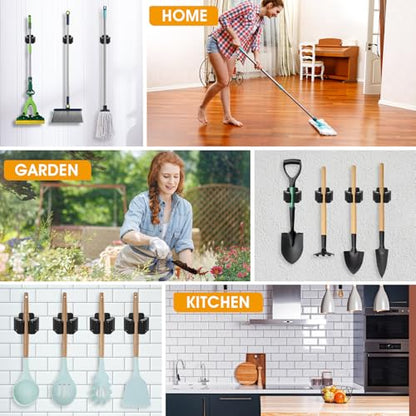 24 Pack Broom and Mop Holder Wall Mount, Hanging Clamp Clip Hanger Utility Rack, Heavy Duty Stainless Steel Adjustable Clamp Organizer with Screws for Garage, Home, Garden Tools, Black