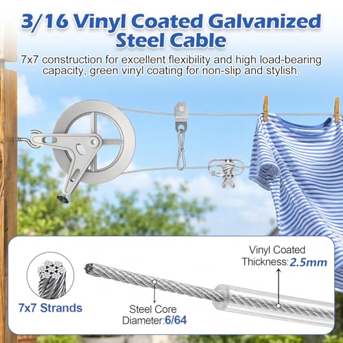 Clothesline Pulley Kit with Aluminum Pulley& 150ft 3/16" PVC Cable - size: 150FT Silvery