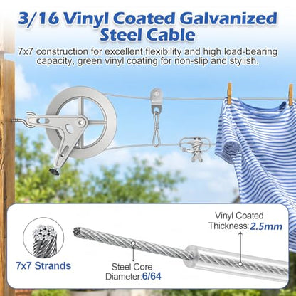 Clothesline Pulley Kit with Aluminum Pulley& 150ft 3/16" PVC Cable - size: 150FT Silvery
