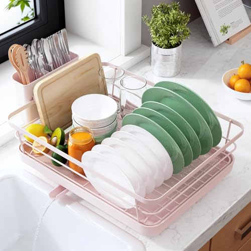 Kitsure Dish Drying Rack for Kitchen Counter, 12''W x 15.5''L, Pink - color: Pink, size: 12''W x 15.5''L - 1 Tier