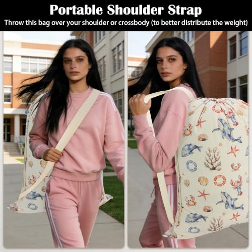 Canvas Laundry Bag with Shoulder Strap & Drawstring,23"W x 29"H Ocean Life - color: Ocean Wanderer