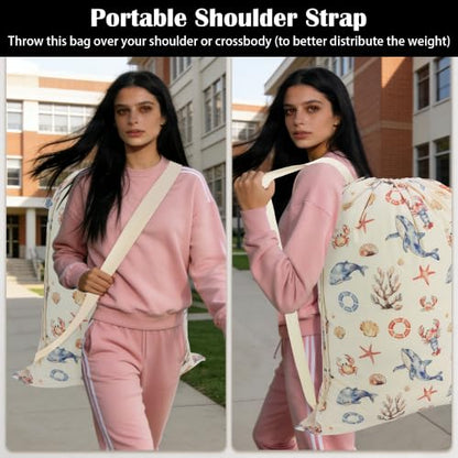 Canvas Laundry Bag with Shoulder Strap & Drawstring,23"W x 29"H Ocean Life - color: Ocean Wanderer