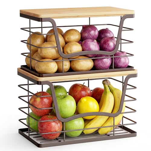 ALOCEO 2 Pack Stackable Wire Storage Basket with Bamboo Lid, Stainless Steel Extra Large Trash Bag Dispenser Roll Holder for Kitchen Sink, Laundry, Pantry Organizer and Storage, Brown - color: 2-Pack - XL&L W-Shape Brown