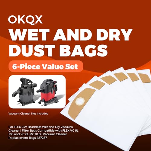 6-Pack Wet/Dry Dust Bags for FLEX 24V Brushless Wet/Dry Vacuum | Filter Bags Compatible with FLEX VC 6L MC & VC 6L MC 18.0 | Vacuum Cleaner Replacement Bags 487287 - color: 6 Pack