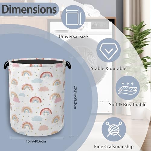 Rainbow Laundry Hamper,Stars Dirty Clothes Laundry Basket with Handles Waterproof Oxford Cloth Storage Basket for College Dorms Bathroom Bedroom 16" x 20.8" - color: Rainbow Stars