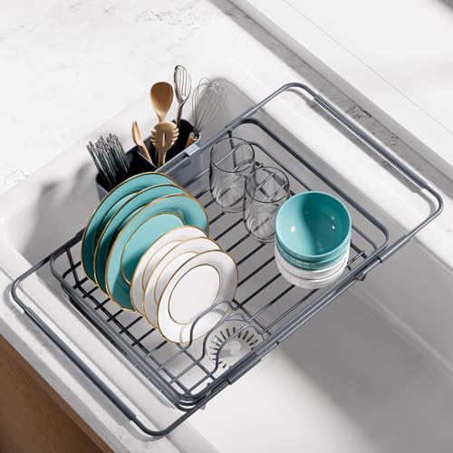 Sakugi Extendable Dish Drying Rack Over Sink with Dish Drainer, Sink Organization and Storage Essentials with Silverware & Utensil Holder, Home and Apartment Decor, 12" W x 16.1~23" L, Silver - color: Silver, size: EXtendable - 12"W X 16.1~23"L