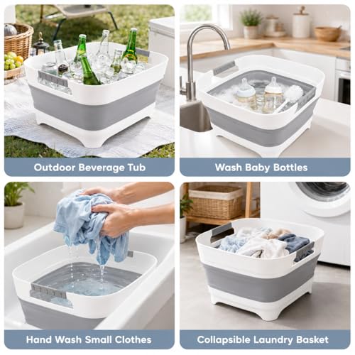 Collapsible Dish Basin with Drain Plug, 2.4 Gal 9L Foldable Wash Basin, Portable Sink Tub for Kitchen, Baby Bottles, Camping, RV, Vegetable Washing and Beverage Tub, Gray - color: Gray