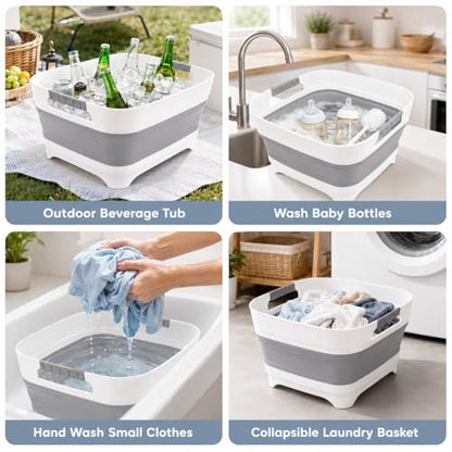 Collapsible Dish Basin with Drain Plug, 2.4 Gal 9L Foldable Wash Basin, Portable Sink Tub for Kitchen, Baby Bottles, Camping, RV, Vegetable Washing and Beverage Tub, Gray - color: Gray
