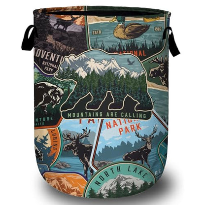 Retro Mountain Bear Laundry Basket, Foldable Wild Animals Laundry Hamper Tote Bag Dirty Clothes Storage Bucket Organizer for Bathroom/Laundry/Bedroom 15.7"x19.6" - color: Bear Deer