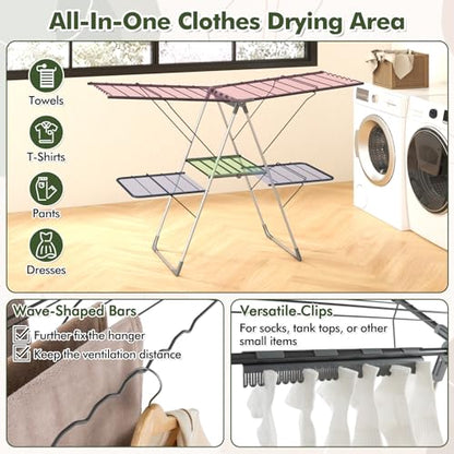 Tangkula Laundry Drying Rack, Foldable Clothes Drying Rack with Height Adjustable Wings, 33 Drying Rails & Sock Clips, Freestanding Gullwing Garment Stand for Indoor & Outdoor Use (Sliver+Grey) - color: Sliver+grey